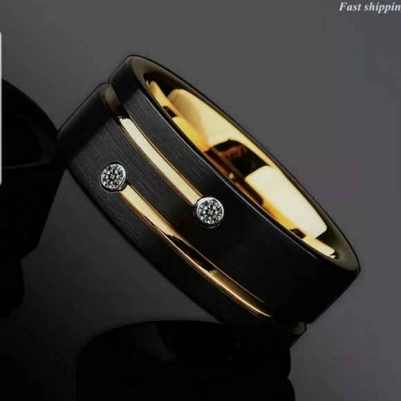 8mm Black Brushed Tungsten Ring Gold Grooved Line - Picture 4 of 7